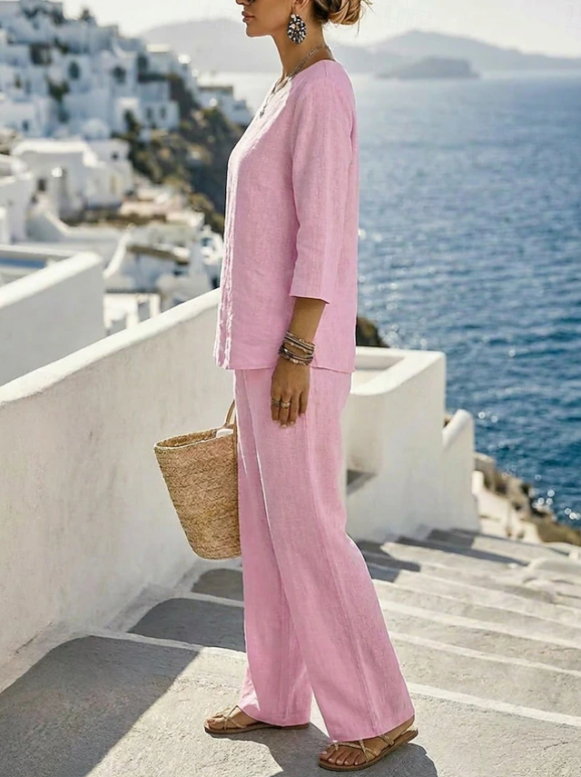 Conjunto de Lino Rosa Top y Pantalón