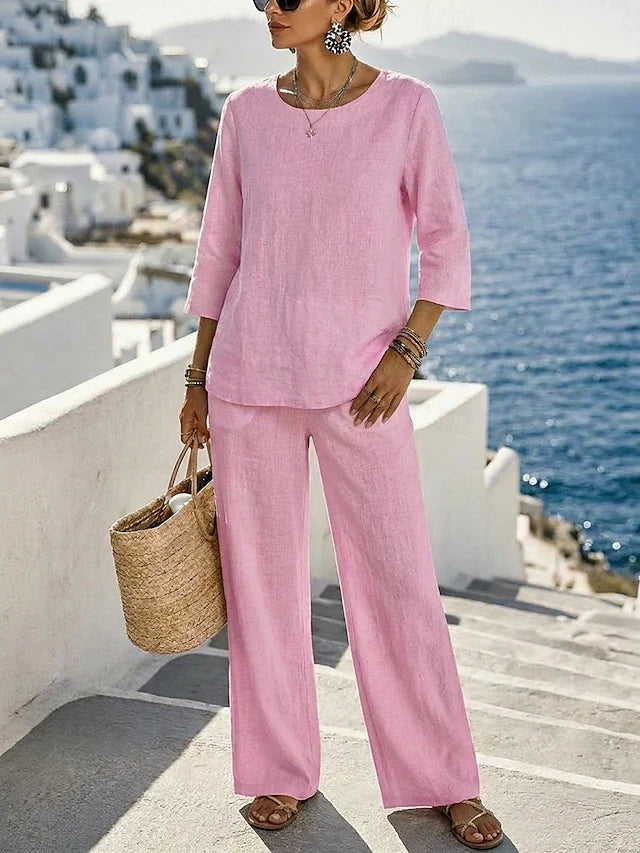 Conjunto de Lino Rosa Top y Pantalón
