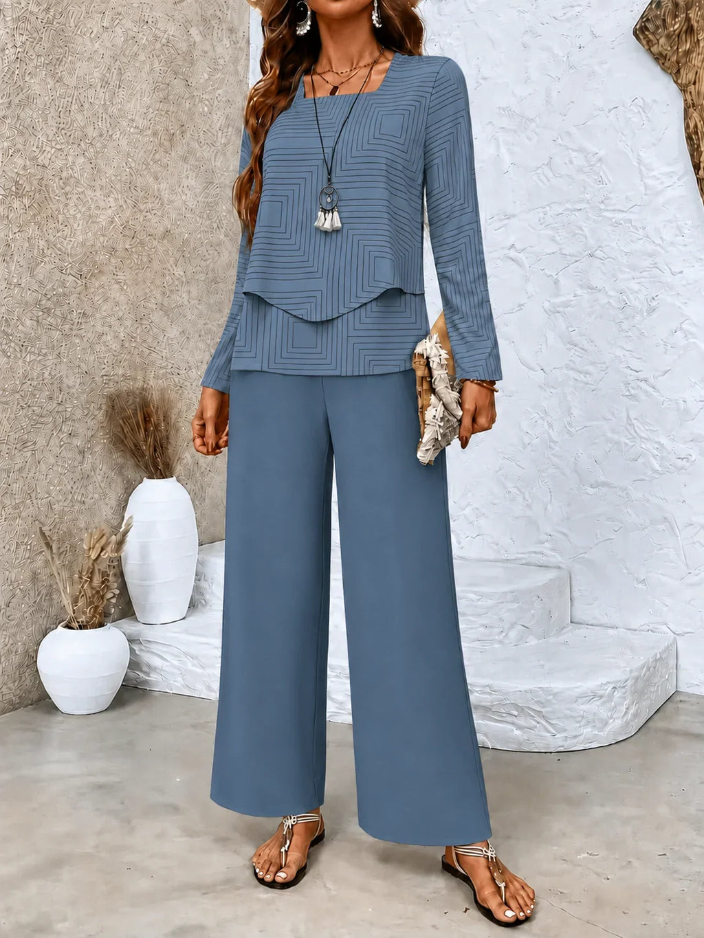 Conjunto Top Texturizado y Pantalón Ancho