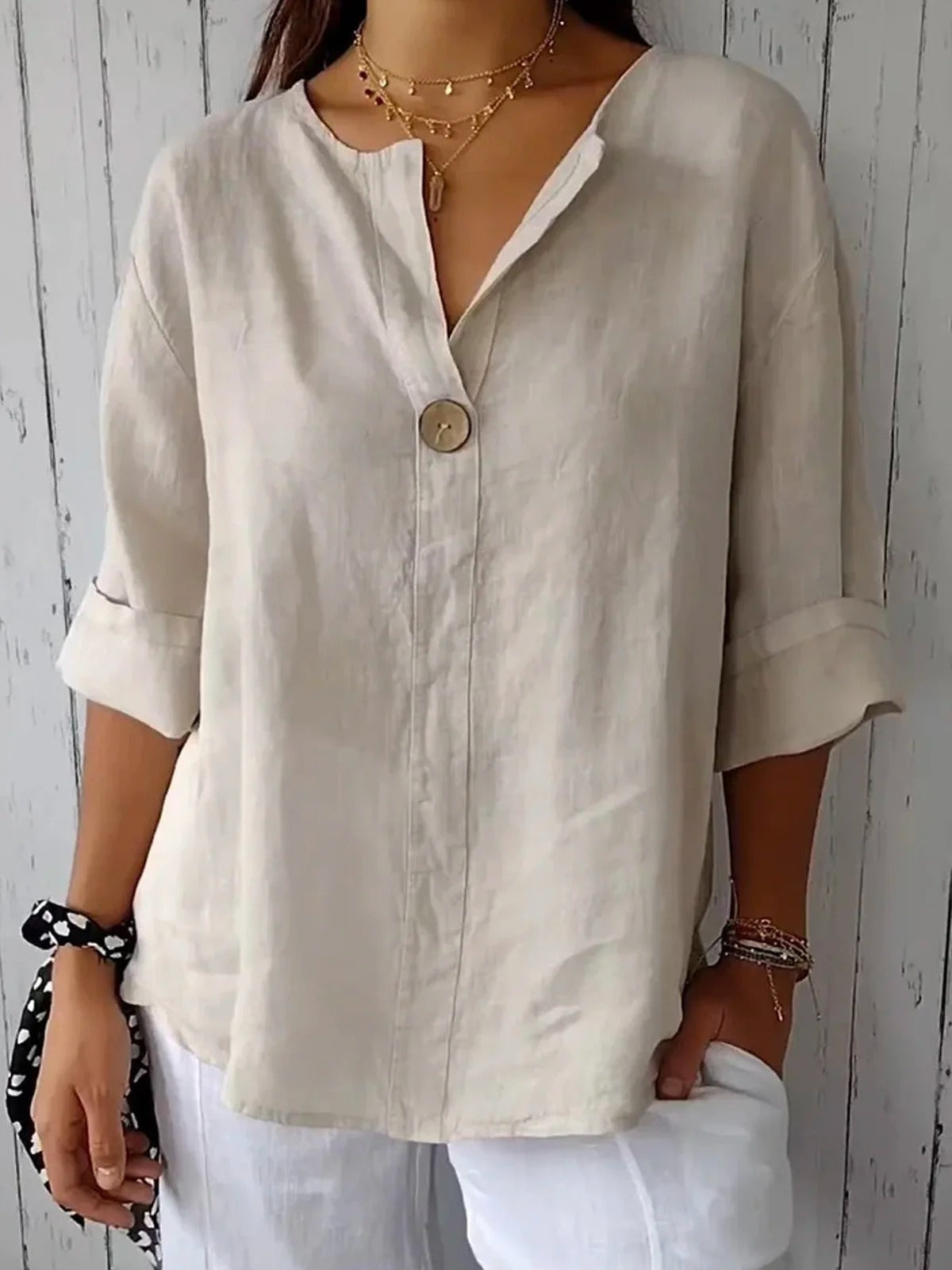 Blusa de Algodón Cuello Pico Manga 3/4