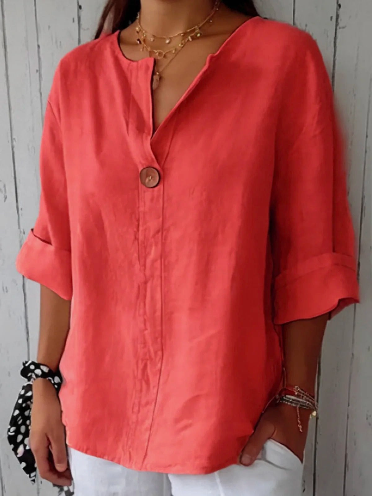 Blusa de Algodón Cuello Pico Manga 3/4