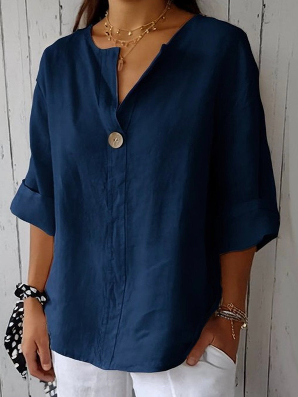 Blusa de Algodón Cuello Pico Manga 3/4