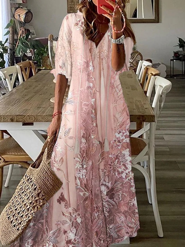 Vestido Largo Floral Cuello Pico
