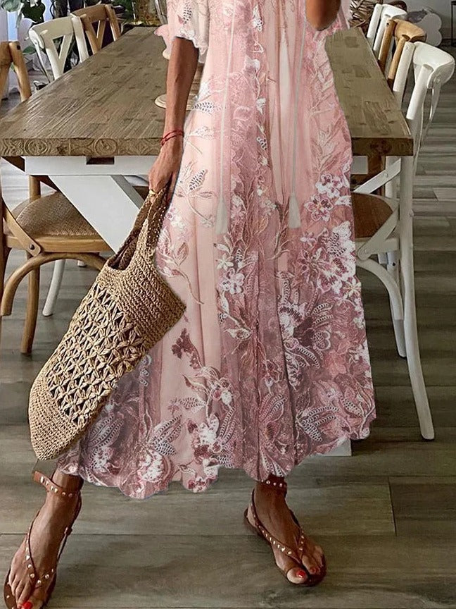 Vestido Largo Floral Cuello Pico